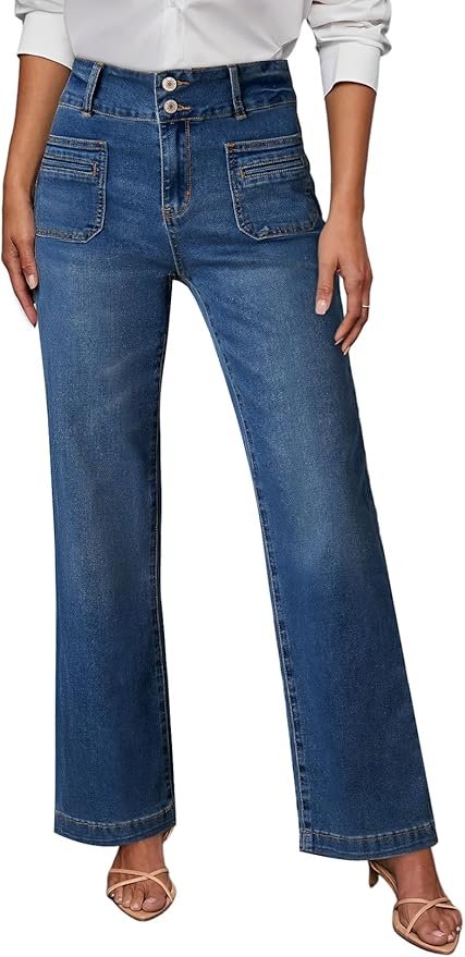 Wide Leg High Stretchy Pockets Front Straight Leg Jeans